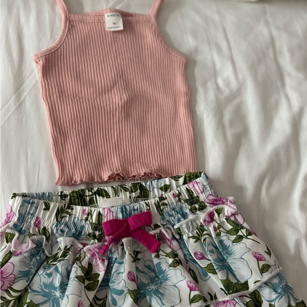 SHEIN Pink Ribbed Top and Floral Skirt Set